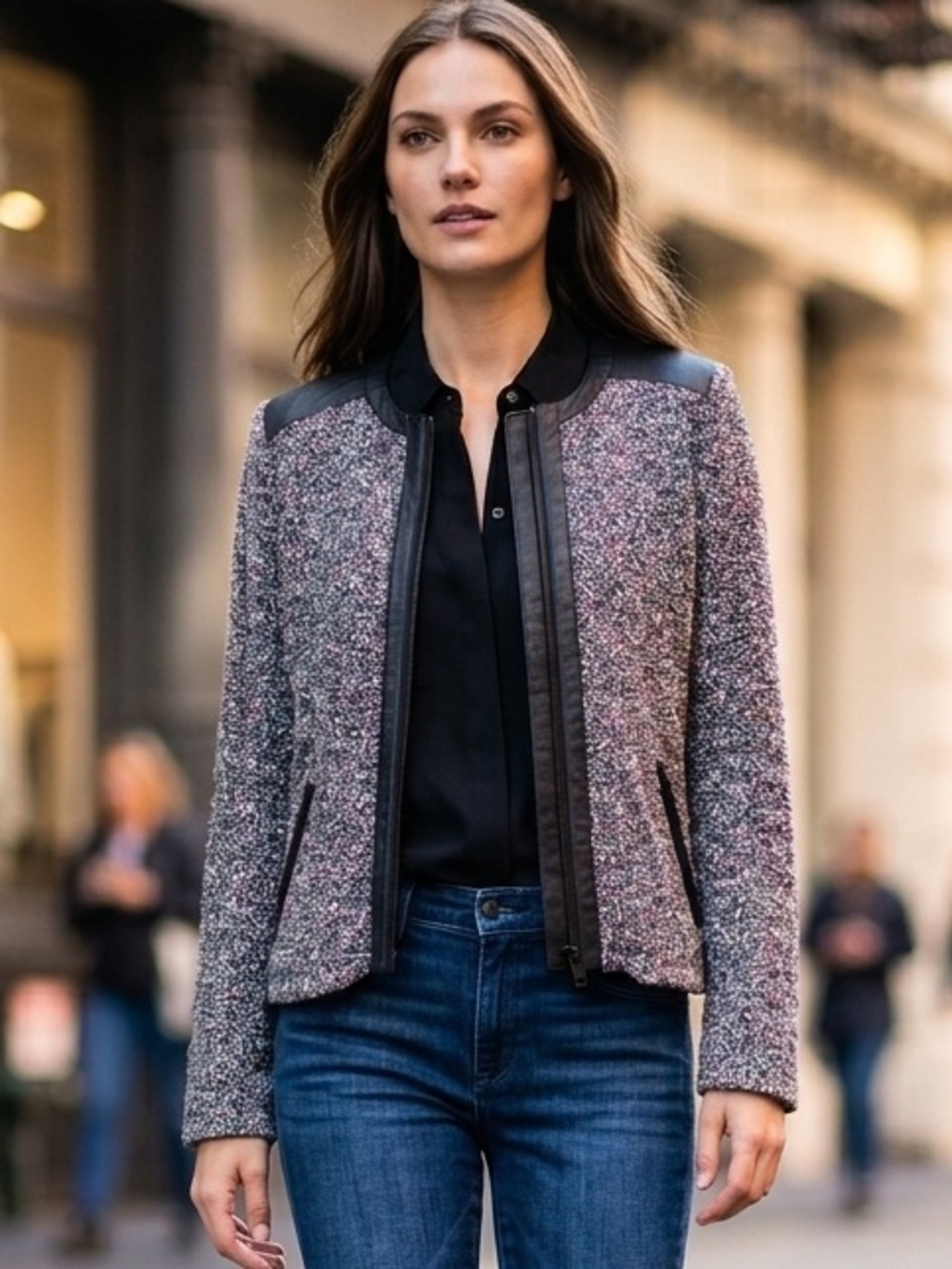 Rag & Bone Lory Tweed Lamb Leather Trim Zip Moto Jacket Pink Black M